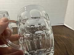 ARCOROC FRANCE Vtg Clear Glass Thumbprint Beer Barrel Heavy Mug Stein Dimple (2)