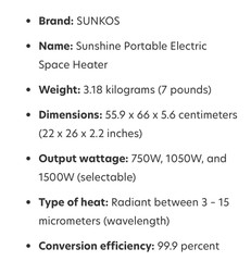 Sunkos SK-E1 Sunshine Electric Space Heater With Far-Infrared Heat No Fan Noise