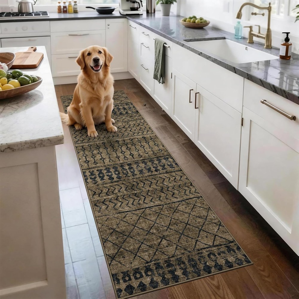 2×6 Machine Washable Runner Rug, Kitchen Hallway Area Rug Brown Black Vintage