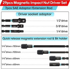 SHALL 29PC Impact Magnetic Nut Drivers Set SAE & Metric Extra Long 1/4″ Hex US