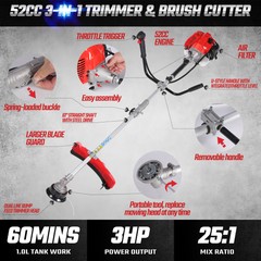52cc 2-Cycle Weed Wacker Gas Powered 3-in-1 String Trimmer/Edger Grass Trimmer