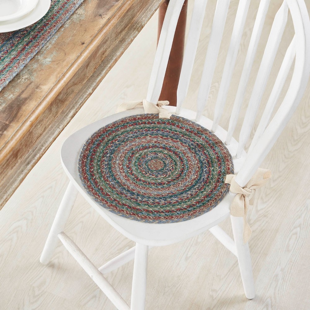 New Primitive BLUE GREEN RED BRAIDED JUTE CHAIR PAD Round Seat Cover