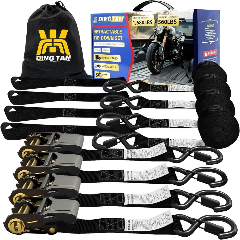 Rhino USA Retractable Ratchet Straps (4-Pack) – 1 Inch x 15 Feet (1,650lb Break