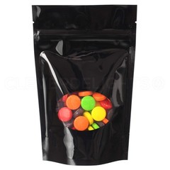 100 Pack Glossy Black Stand Up Pouches 4oz 5″x8″x2.5″ Resealable Window