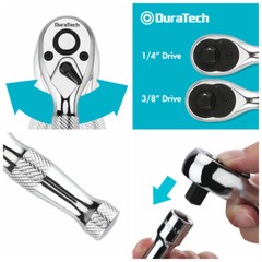 DURATECH 4PCS 1/4″ 3/8″ Drive Stubby Ratchet Set with 2 Extension Bar 72-Tooth