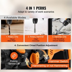 Rotary Hammer Drill Corded Drills 1″ 4 Modes SDS-Plus Chipping Hammers