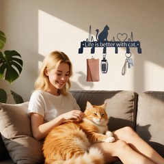 9.8 In Black Cute Cat Key Holder Wall Mount 6 Hooks Organizer Rustproof