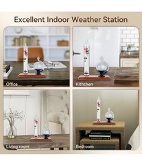 Glass Indoor Weather Station Thermometer Barometer, 11.3×10.3×4.8in, Wood Base