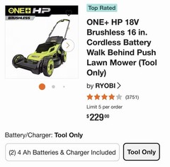 RYOBI 18V Lawn Mower 16in USED Cordless Push Lawn Mower With Bag (Tool Only)