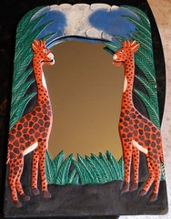 Vtg Hand Carved Painted WOOD MIRROR Jungle Giraffes 18.5″ Orange Green Blk BALI
