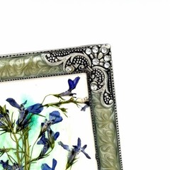 Botanical Art Pressed Blue Flowers In Ornate Metal Frame 6.75 X 4.5 Inch Signed