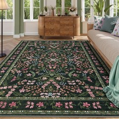 9×12 Washable Area Rug, Boho Floral Low Pile Non Slip Carpet for Living Room