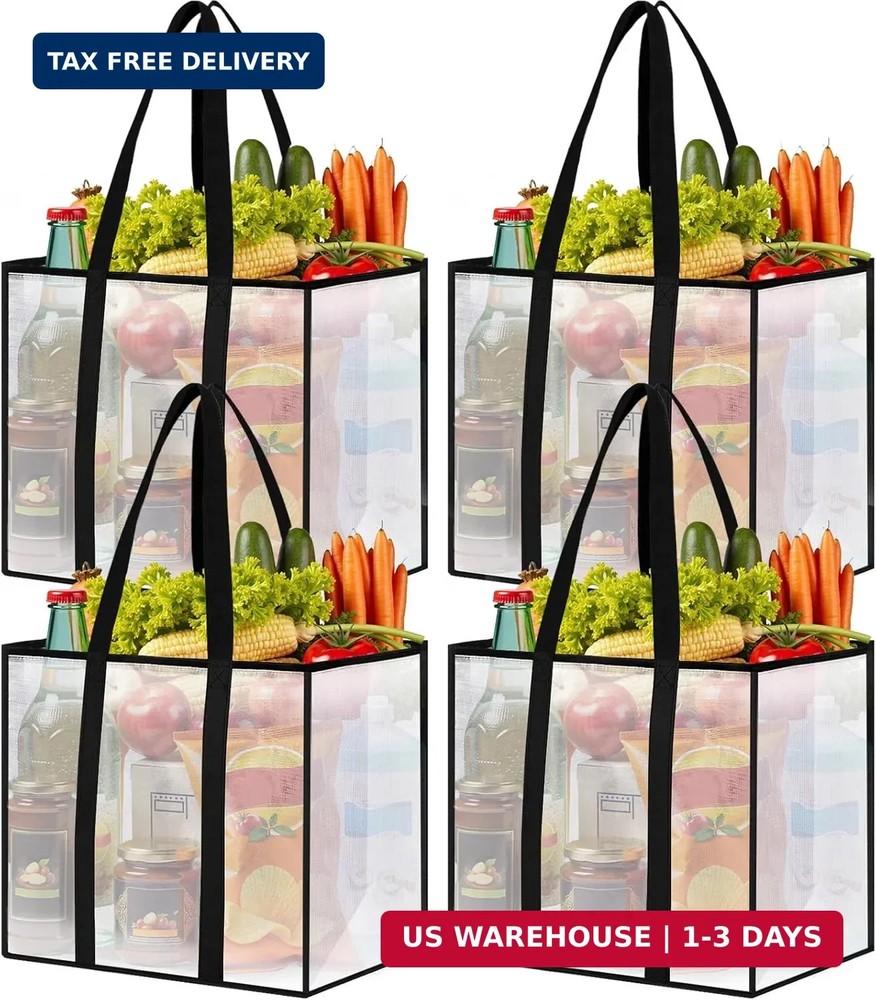 4 Pack Reusable Grocery Bags, Heavy-Duty Shopping Bags with Sturdy Handles, Wate