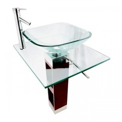 Rectangle Glass/Wood Bathroom Pedestal Sink with Chrome Faucet, Drain, Towel Bar