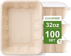 [100 COUNT]Harvest Pack 32 oz Compostable Food Trays 8.49″ x 6.45″ x 1.86″