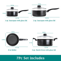 7 Piece Non Stick Aluminium, Pots and Pans Cookware Set, Black
