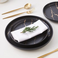 Pokini Black Gold Splash Dinnerware Sets, Marble Porcelain Plates and Bowls S…