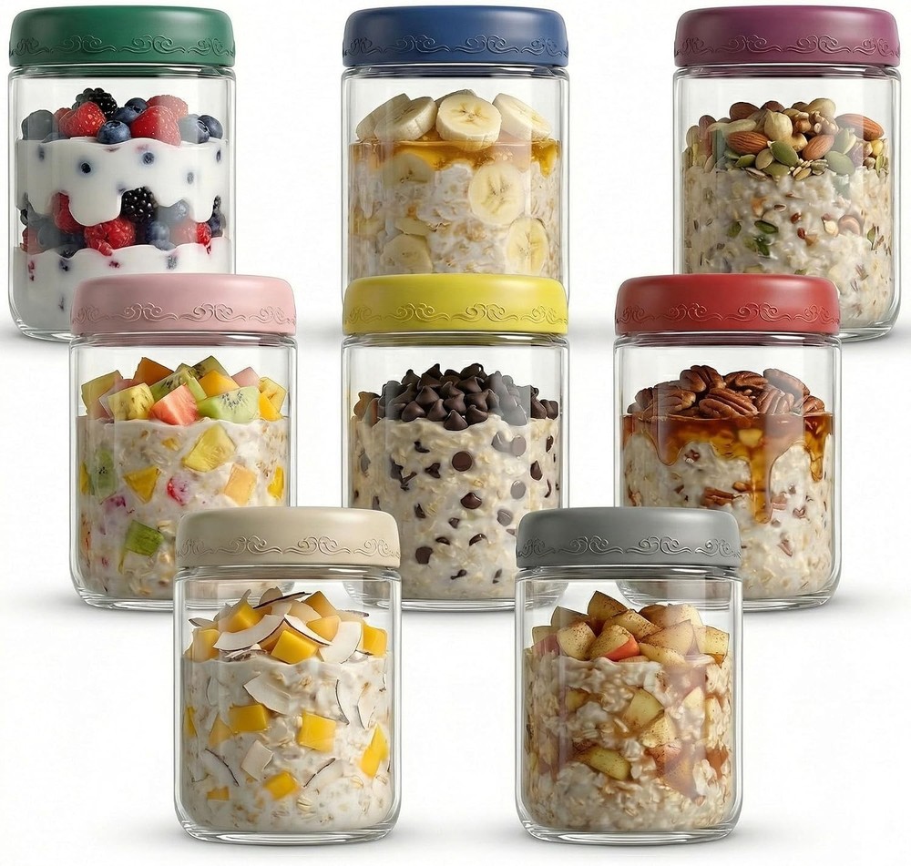 16 OZ Overnight Oats Jars with Lids 8 Pack, Glass Meal Prep Containers, Reusa…