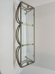 VINTAGE 18.5” HOLLYWOOD REGENCY BRASS WIRE ROPE GOLD METAL SHELF WITH GLASS