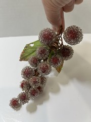 Vintage Sugared Beaded Red Faux Grapes 3 Bundles 7” MCM Glitter Green Leaves