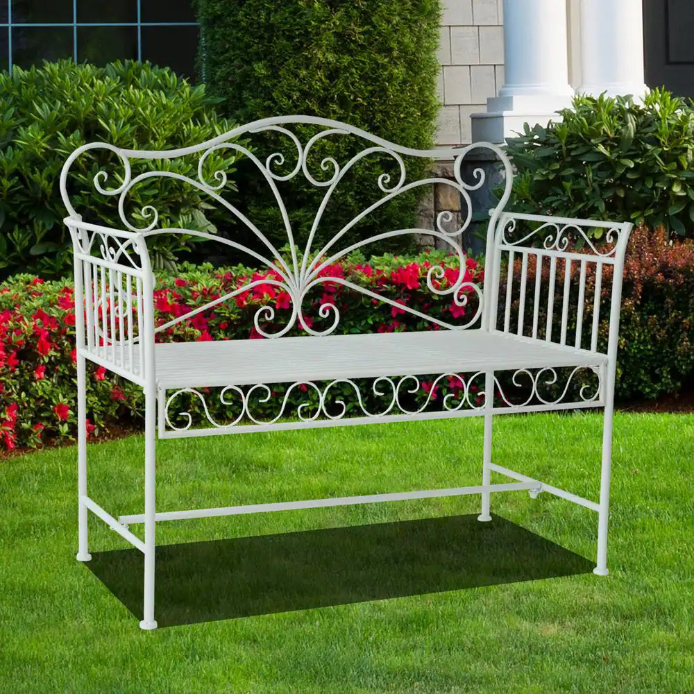 19.75 In. White Cast Iron Antique Outdoor Patio Garden Bench Seat-84B-077