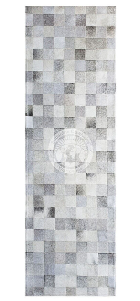 Cowhide Patchwork Rug Runner Square Greyish – Size 2.5×8′ ft