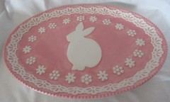 Pfaltzgraff EASTER Bunny Oval Serving Dish ceramic pink white hand wash only