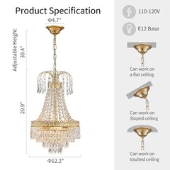 Lamparas Colgantes De Cristal Techo 20.9 x 12.2 Dorada Lámpara Para Sala Comedor