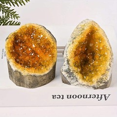 Natural Yellow Quartz Crystal Geode Cluster with Polished Mineral Inclusions