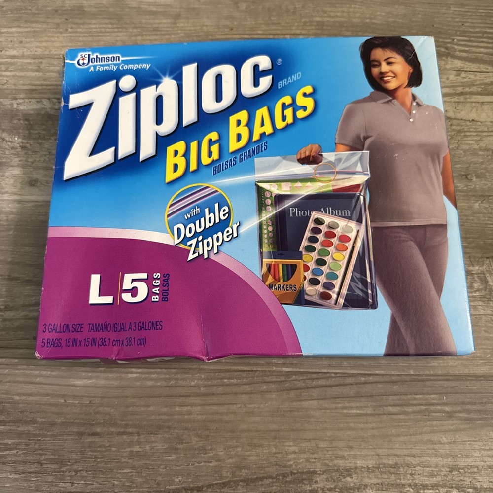 Ziploc BIG BAGS 5 COUNT LARGE 3 Gallon 15IN x 15IN Double Zipper (NEW IN BOX)