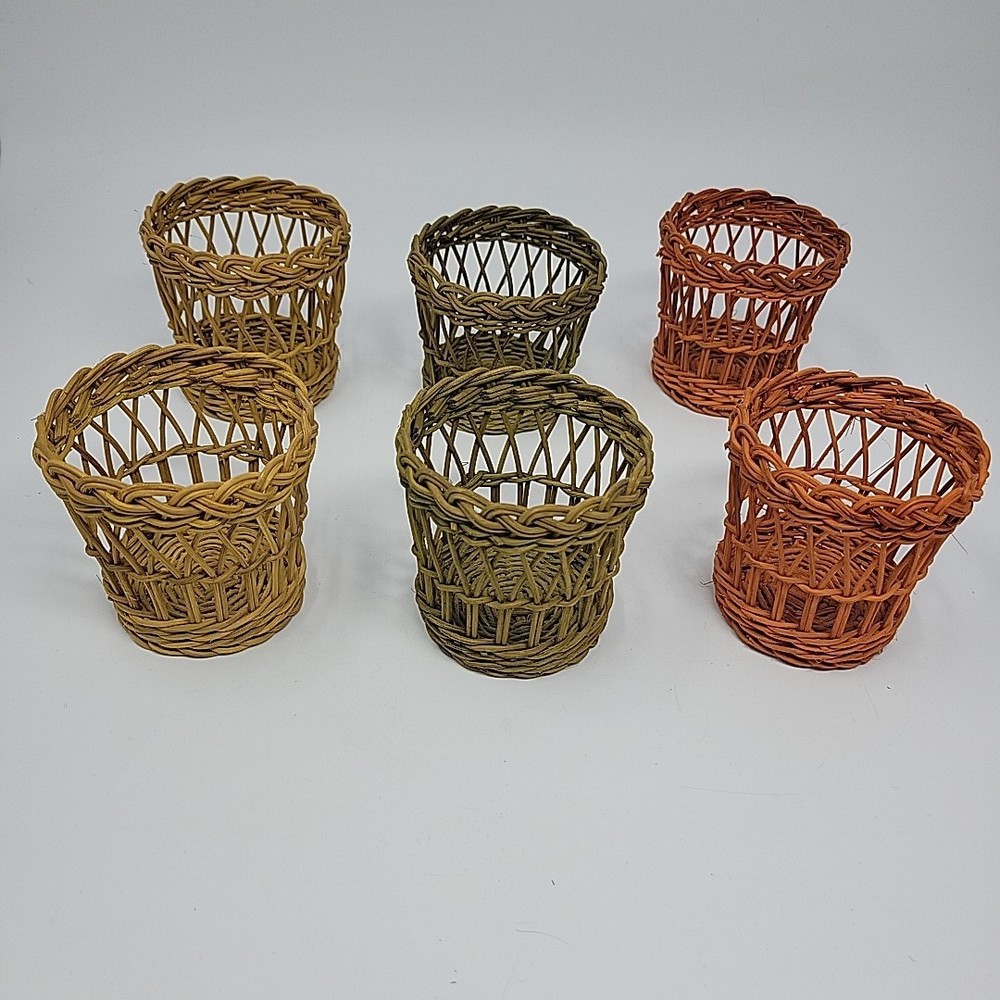 6 Vintage Boho Wicker Rattan Cup Glass Holders Handles Garden Party 3.25” Tiki
