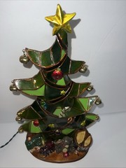 RARE Vintage Light Up Faux Stained Glass Christmas Tree 15.5 in. Needs New Light