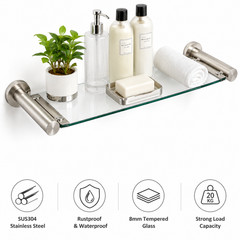 16″ Bathroom Glass Shelf Wall Mounted Floating Shower Organizer Rack