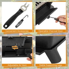 100% Cast Iron Charcoal Grill w/Grill & Grate Hooks Tabletop for Outdoor Camping