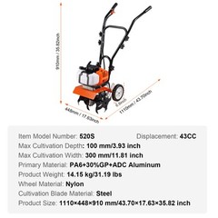 VEVOR Tiller Cultivator Gas Powered 43CC 2-Stroke Garden Cultivator Lawn Garden