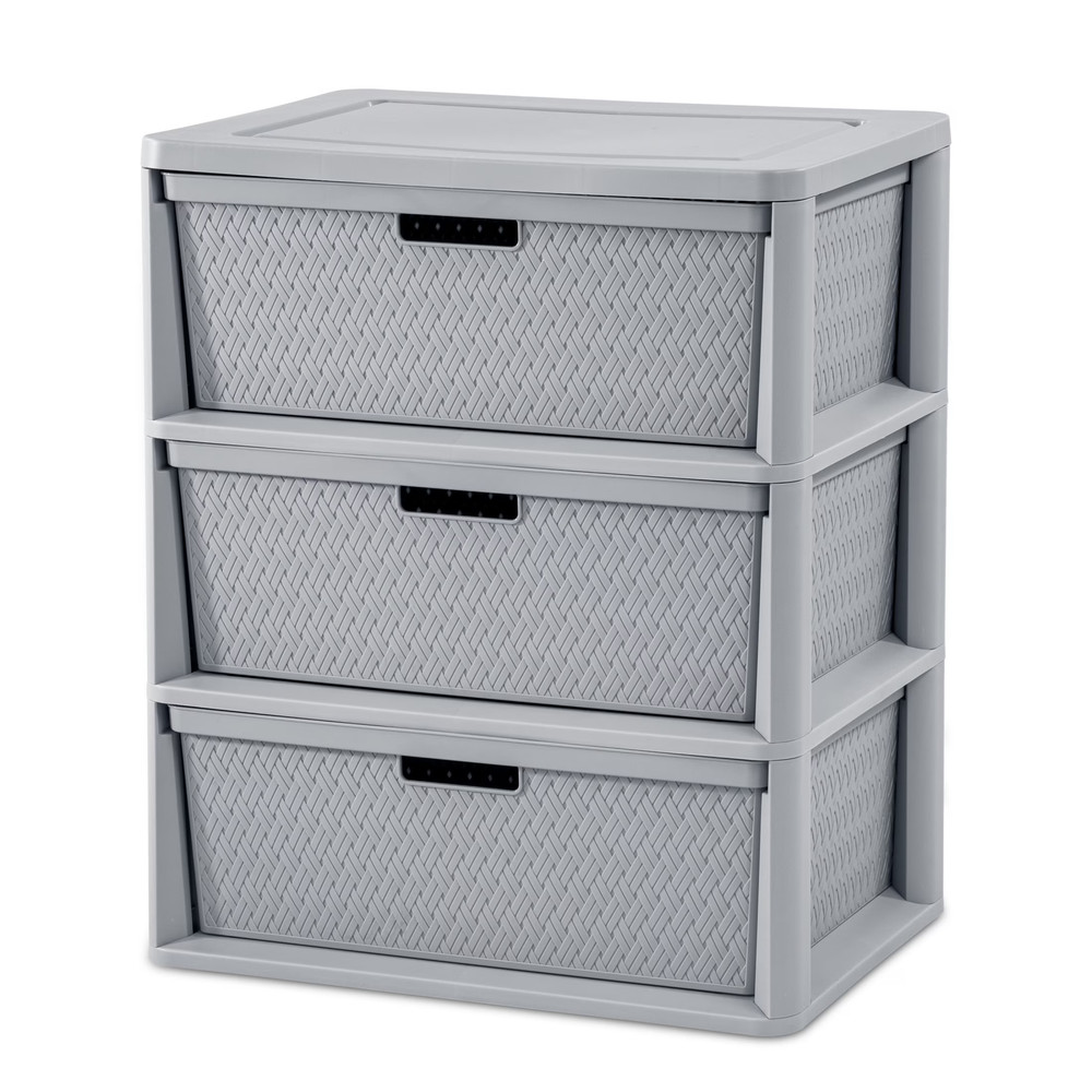 Wide 3 Drawer Tower, Plastic Storage Organizer with Removable Decorative Bins, E