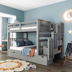 Full Over Full Bunk Bed w/ 6 Storage Drawers & Stairs For Kids Teens Adults Gray
