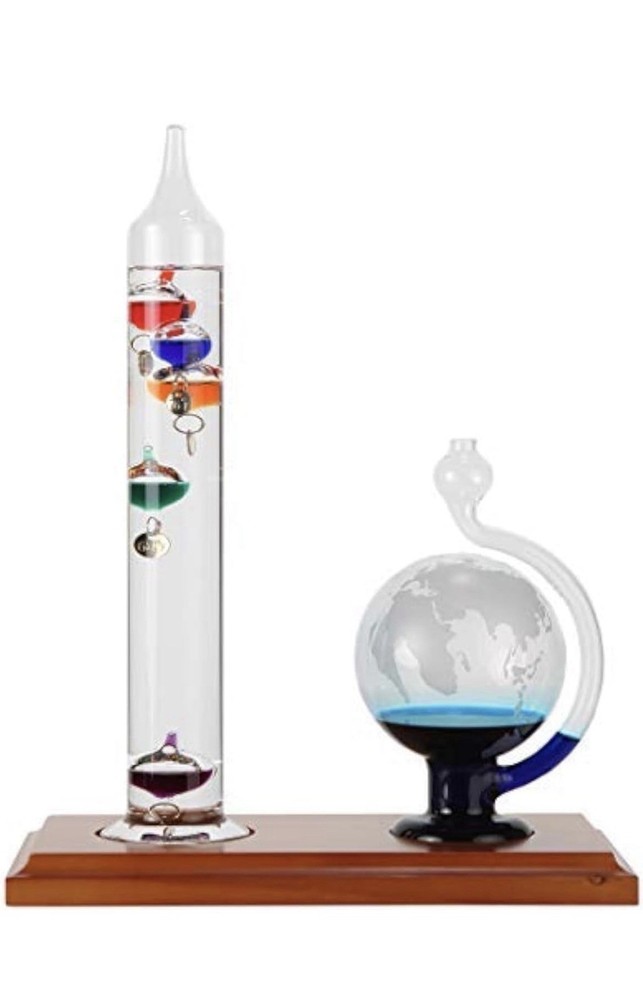 Glass Indoor Weather Station Thermometer Barometer, 11.3×10.3×4.8in, Wood Base