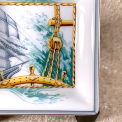 Hermes Mini Change Tray Porcelain Ashtray Patchwork 8x8cm Set of 2 with Case