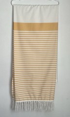 Dynamene Linen Blend Fabric Shower Curtain White Yellow Stripes Fringe 72” x 72”