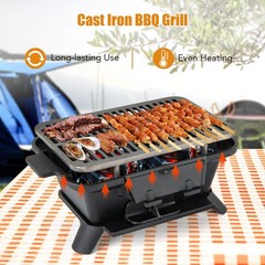 100% Cast Iron Charcoal Grill w/Grill & Grate Hooks Tabletop for Outdoor Camping