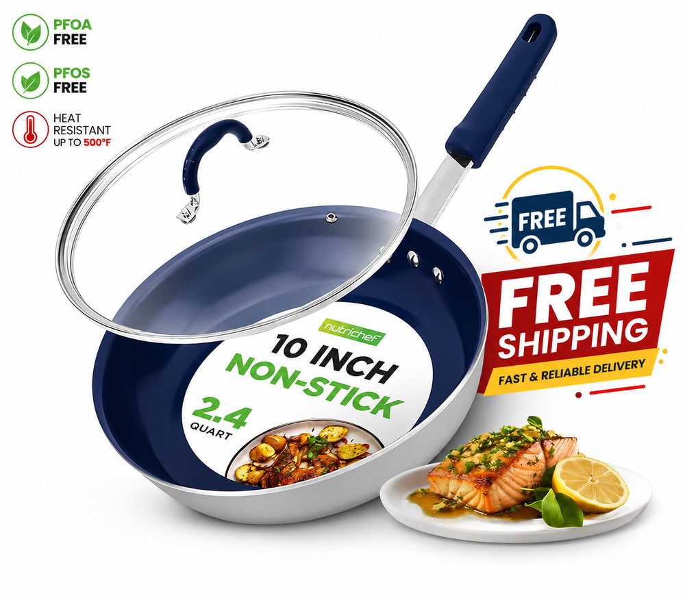 NutriChef 10 Inch Non-Stick Frying Pan with Lid Ceramic Cooking Skillet