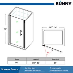 SUNNY SHOWER 26-36″ x72″ Pivot Shower Door Frameless 1/4″ Glass Panel