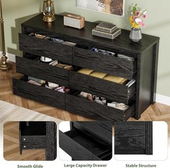 Wide 6 Drawer Dresser Black, Handle Free Wood Chest for Bedroom Living Room