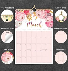 Wall Calendar,12 months large floral Calendar runs from Jan – Dec Spiral 2026