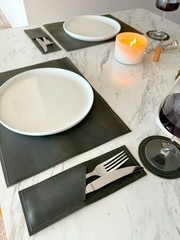 Leather Placemat Set | Rustic Handmade Table Mat | Coasters & Cutlery Holder