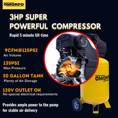 Omorfo Industrial 3HP, 30 Gallon, 9CFM Portable, Vertical Compressor