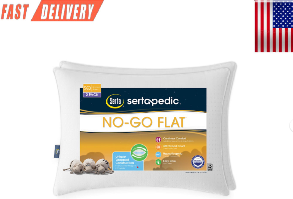 Sertapedic No-Go-Flat Bed Pillow, Standard/Queen, 2 Pack