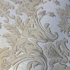 Ivory silver tan gold metallic crashed foil textured victorian damask Wallpaper