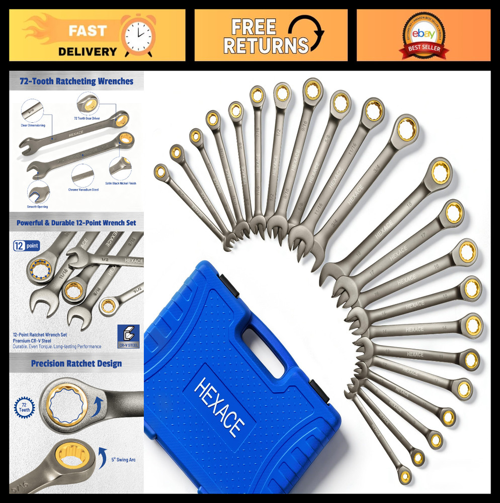 22-Piece Ratcheting Wrench Set, 72 Teeth, Metric & SAE Combination Tools with Or